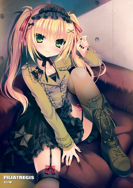 Anime picture 2467x3500 with original rubi-sama single long hair tall image looking at viewer blush highres light erotic blonde hair smile twintails green eyes scan official art girl thighhighs dress ribbon (ribbons) hair ribbon