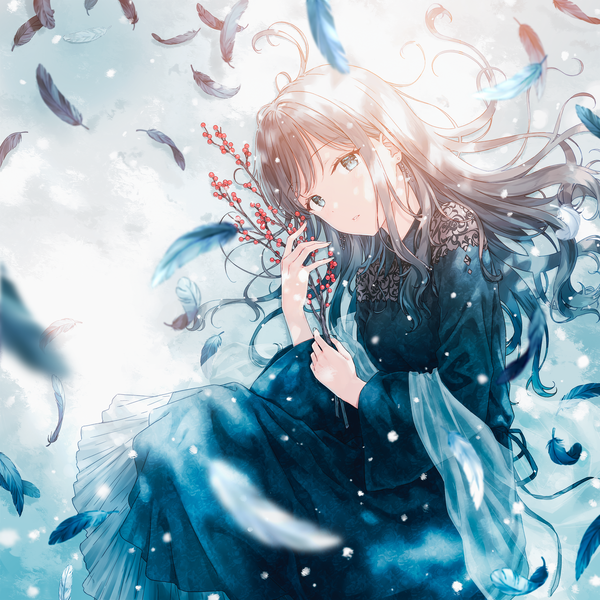 Anime picture 2500x2500 with original hiten (hitenkei) single long hair looking at viewer fringe highres blue eyes holding blue hair lying long sleeves parted lips head tilt from above wind grey hair sunlight blurry wide sleeves