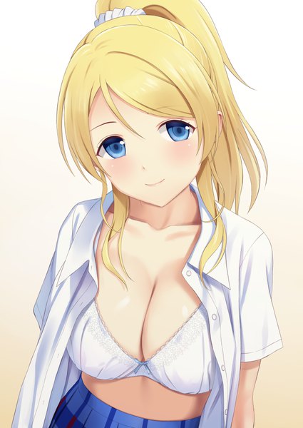 Anime picture 724x1023 with love live! school idol project sunrise (studio) love live! ayase eli n.g. single long hair tall image looking at viewer blush fringe breasts blue eyes light erotic simple background blonde hair large breasts cleavage upper body ponytail