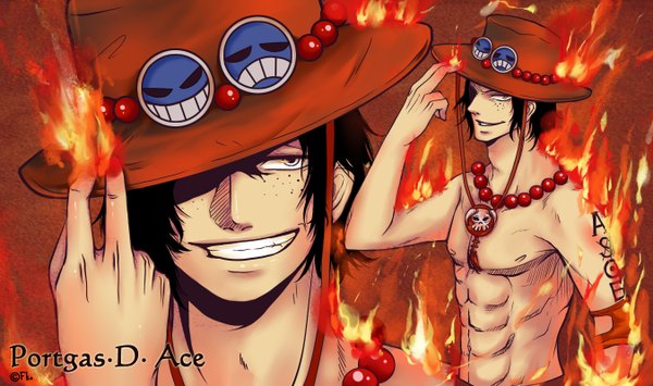 Anime picture 1350x800 with one piece toei animation portgas d. ace fko short hair black hair smile wide image signed inscription tattoo close-up face muscle adjusting hat dual persona freckles boy hat beads