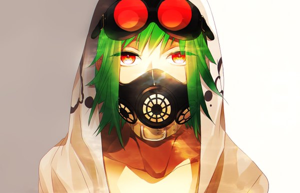 Anime picture 1555x1000 with vocaloid gumi kyama single short hair red eyes green hair girl glasses hood mask collar goggles respirator