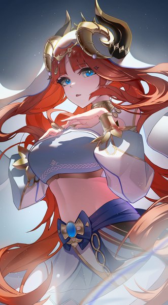 Anime picture 2720x4928 with genshin impact nilou (genshin impact) ai dongdong single long hair tall image looking at viewer fringe highres blue eyes red hair blunt bangs horn (horns) from below midriff girl veil