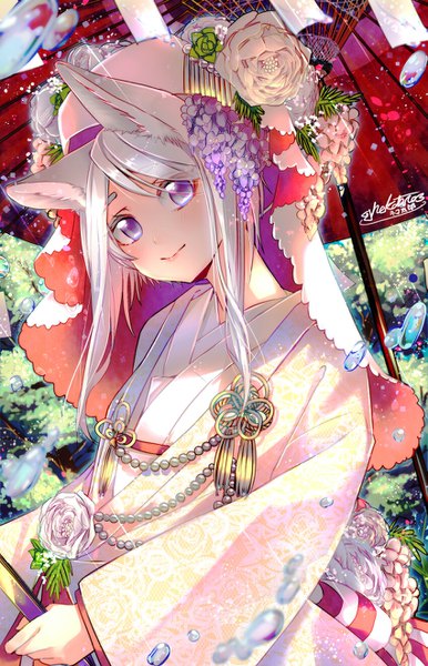 Anime picture 849x1320 with original shinonome neko-tarou single long hair tall image looking at viewer smile purple eyes signed animal ears silver hair traditional clothes japanese clothes fox ears wedding kitsune girl hair ornament kimono umbrella