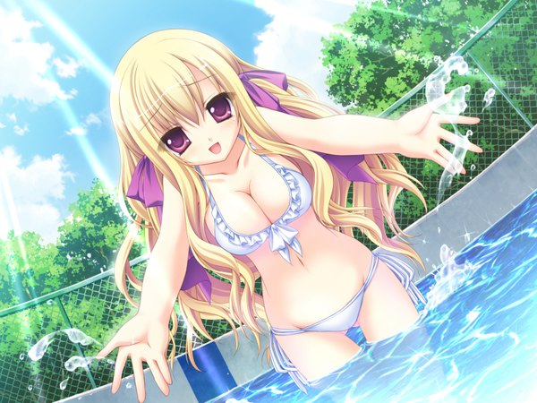 Anime picture 1600x1200 with deliverer! (game) takachihou kyouko long hair blush breasts open mouth light erotic blonde hair game cg pink eyes girl navel ribbon (ribbons) swimsuit hair ribbon bikini water white bikini pool