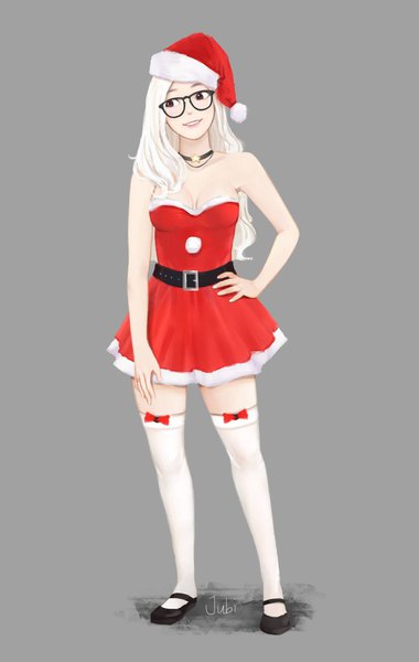 Anime picture 1299x2048 with original mio (jubi) jubi (regiana) single long hair tall image smile standing bare shoulders brown eyes signed looking away full body white hair parted lips lips zettai ryouiki hand on hip christmas girl