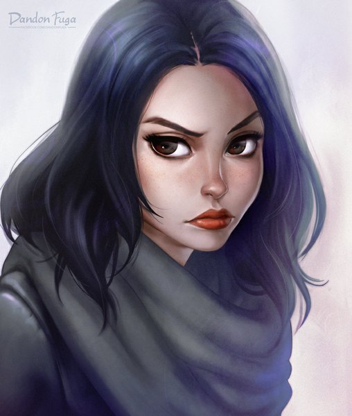 Anime picture 700x826 with dandon fuga single long hair tall image black hair white background signed purple hair lips black eyes realistic lipstick portrait eyebrows red lipstick freckles girl scarf