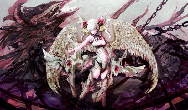 Anime picture 1685x994 with original iori (yakata-bako) fringe short hair breasts light erotic wide image yellow eyes cleavage white hair hair over one eye wings chain dragon