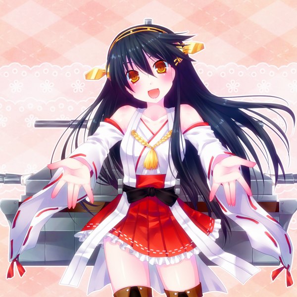 Anime picture 1000x1000 with kantai collection haruna battleship door to heaven single long hair blush open mouth black hair bare shoulders traditional clothes orange eyes girl hair ornament weapon detached sleeves