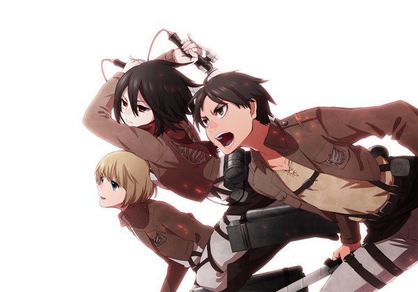 Anime picture 2139x1500 with shingeki no kyojin production i.g mikasa ackerman eren yaeger armin arlert helmet (musco2) highres short hair open mouth black hair blonde hair simple background red eyes white background holding brown eyes open clothes open jacket multiple boys dual wielding