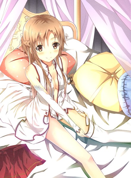 Anime picture 1457x1980 with sword art online a-1 pictures yuuki asuna tianya beiming single long hair tall image looking at viewer blush light erotic smile brown hair bare shoulders brown eyes girl thighhighs detached sleeves white thighhighs pillow bed