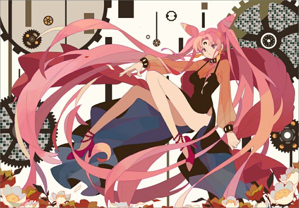 Anime picture 1000x695 with bishoujo senshi sailor moon toei animation chibiusa black lady atori12 single twintails pink hair very long hair pink eyes legs girl dress flower (flowers) gears