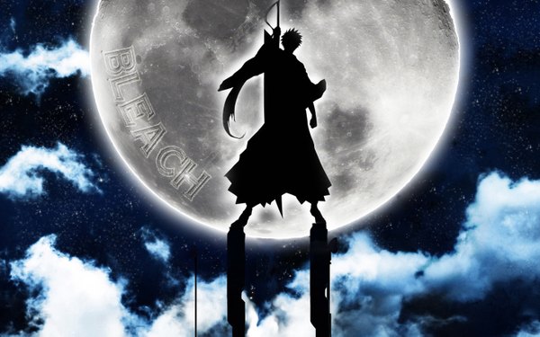 Anime picture 1440x901 with bleach studio pierrot kurosaki ichigo single wide image sky cloud (clouds) inscription night sky silhouette boy weapon sword moon star (stars) full moon