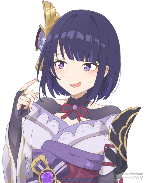 Anime picture 3200x4000 with genshin impact raiden shogun asiri senpai single tall image blush fringe highres short hair open mouth simple background white background purple eyes signed looking away absurdres purple hair upper body blunt bangs traditional clothes