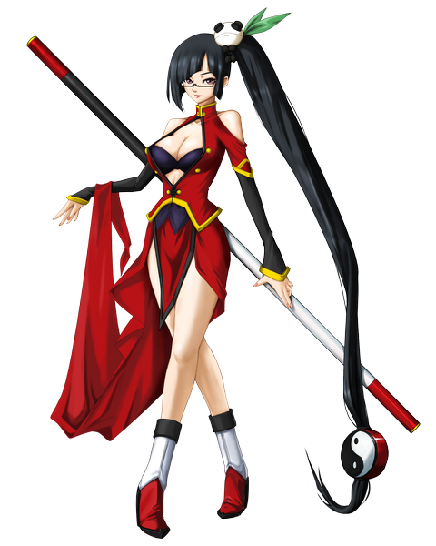 Anime picture 2800x3500 with blazblue litchi faye ling single long hair tall image looking at viewer highres light erotic black hair red eyes ponytail transparent background girl weapon glasses