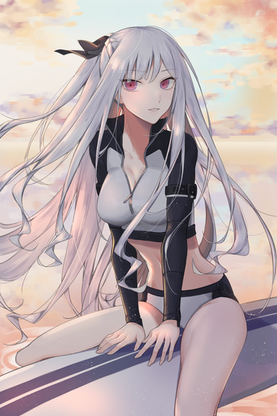 Anime picture 992x1488 with girls frontline ak-12 (girls frontline) qb 516 single long hair tall image looking at viewer blush fringe light erotic red eyes sitting sky silver hair cloud (clouds) outdoors braid (braids) parted lips bare belly evening