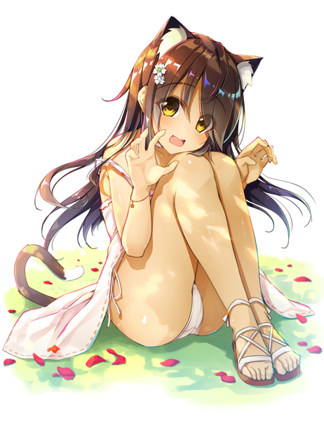 Anime picture 770x1000 with original yanagi yuu single long hair tall image looking at viewer blush open mouth light erotic simple background smile brown hair white background sitting animal ears yellow eyes tail animal tail hair flower cat ears