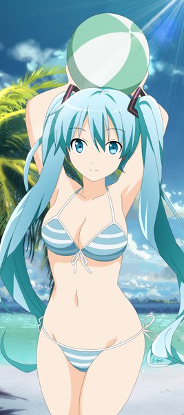 Anime picture 1238x2780 with vocaloid hatsune miku shugo19 single long hair tall image looking at viewer fringe breasts blue eyes light erotic hair between eyes twintails signed blue hair sky cloud (clouds) arms up beach summer
