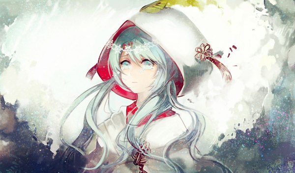 Anime picture 1608x944 with vocaloid hatsune miku yuki miku yuki miku (2013) vima single long hair looking at viewer wide image twintails traditional clothes japanese clothes aqua eyes aqua hair tears girl hair ornament kimono hood leaf (leaves)