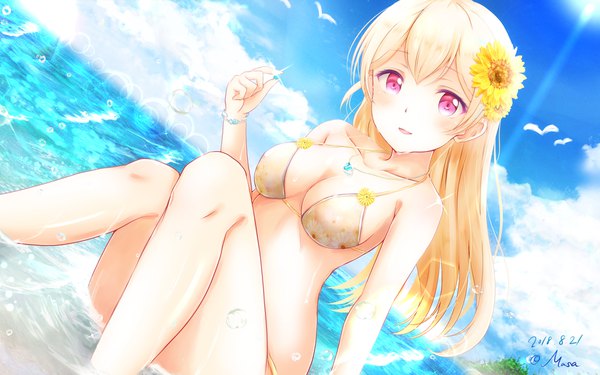 Anime picture 1920x1200 with bang dream! shirasagi chisato masa (mirage77) single long hair looking at viewer blush fringe highres breasts open mouth light erotic blonde hair smile hair between eyes large breasts sitting bare shoulders holding signed