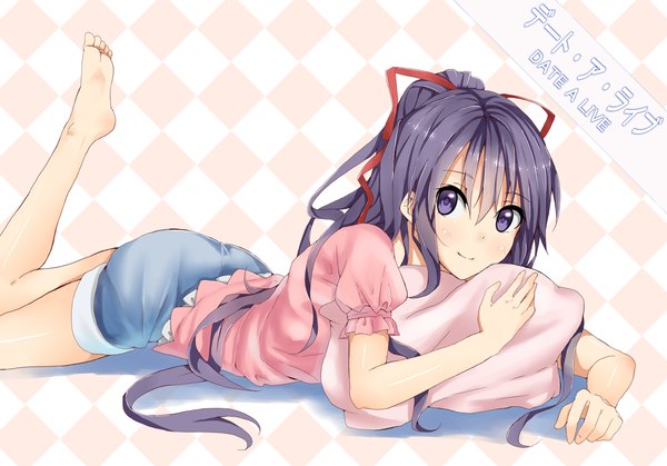 Anime picture 1314x918 with date a live yatogami tooka yoshikano (artist) single long hair looking at viewer purple eyes purple hair ponytail barefoot inscription hieroglyph girl shorts