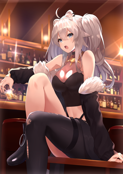 Anime picture 4961x7016 with virtual youtuber hololive shishiro botan shishiro botan (1st costume) shiina aoi single long hair tall image looking at viewer blush fringe highres breasts open mouth blue eyes light erotic hair between eyes large breasts sitting bare shoulders