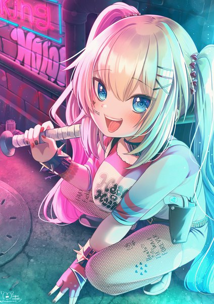 Anime picture 1415x2000 with batman virtual youtuber hololive dc comics harley queen akai haato magowasabi single long hair tall image looking at viewer blush fringe breasts open mouth blue eyes blonde hair smile hair between eyes twintails
