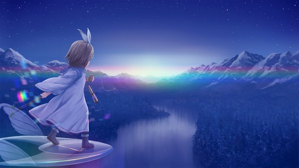 Anime-Bild 1920x1080 mit vocaloid kagamine rin isou nagi single highres short hair blonde hair wide image sky night wallpaper night sky mountain flying river nature morning sunrise girl dress