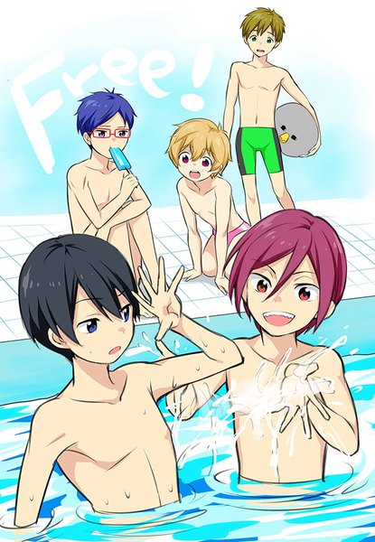 Anime picture 660x954 with free! kyoto animation matsuoka rin nanase haruka (free!) tachibana makoto hazuki nagisa ryugazaki rei iwatobi-chan kisaragi mizu tall image fringe short hair open mouth blue eyes black hair blonde hair hair between eyes red eyes brown hair standing