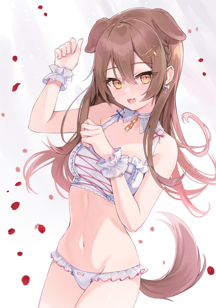 Anime picture 1134x1616 with virtual youtuber hololive inugami korone yuzukicture single long hair tall image fringe open mouth light erotic hair between eyes brown hair animal ears yellow eyes tail :d animal tail underwear only groin extra ears