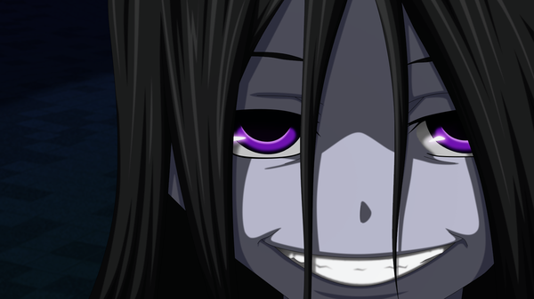 Anime picture 1600x900 with corpse party sachiko (corpse party) flowerinhell single long hair looking at viewer black hair simple background smile wide image purple eyes grin girl