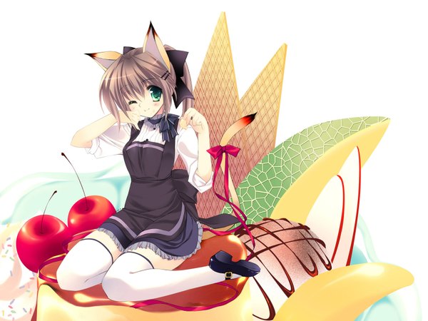 Anime picture 1600x1200 with rei (rei's room) blush tail cat girl girl thighhighs dress food sweets ice cream