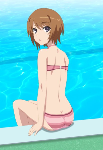 Anime picture 820x1200 with to aru majutsu no index j.c. staff kinuhata saiai smile (rz) single tall image looking at viewer short hair open mouth blue eyes light erotic brown hair looking back back girl swimsuit bikini pool