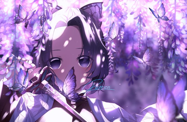 Anime picture 2345x1533 with kimetsu no yaiba ufotable kochou shinobu renren single looking at viewer highres short hair black hair purple eyes signed upper body covered mouth girl hair ornament flower (flowers) weapon sword katana insect