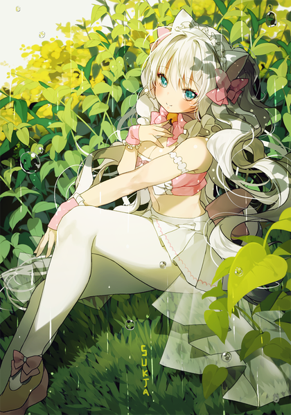 Anime picture 700x1000 with original sorolp single long hair tall image looking at viewer blush fringe breasts smile hair between eyes sitting bare shoulders signed animal ears bent knee (knees) outdoors white hair head tilt pleated skirt