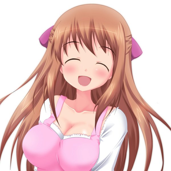 Anime picture 1000x1000 with hanamaru youchien gainax yamamoto nanako single long hair blush breasts open mouth light erotic simple background brown hair large breasts white background eyes closed half updo ^ ^ ^o^ girl dress