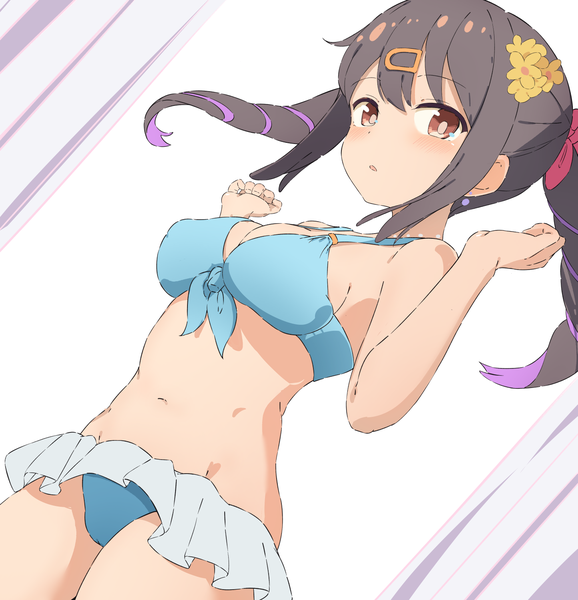 Anime picture 1446x1500 with onii-chan wa oshimai! studio bind oyama mihari runep single long hair tall image looking at viewer breasts light erotic black hair large breasts twintails brown eyes hair flower groin drill hair girl flower (flowers) swimsuit