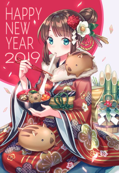 Anime picture 1408x2050 with original zoff (daria) single tall image looking at viewer blush fringe short hair brown hair sitting holding payot traditional clothes japanese clothes hair flower aqua eyes wide sleeves sparkle hair bun (hair buns) floral print