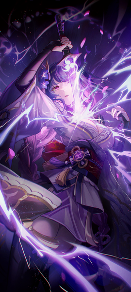 Anime picture 863x1920 with genshin impact raiden shogun kyusoukyu single long hair tall image looking at viewer breasts purple eyes cleavage purple hair traditional clothes japanese clothes from below electricity girl weapon sword kimono katana