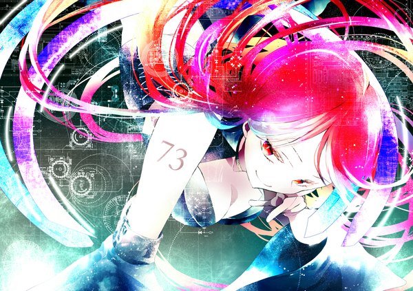 Anime picture 2000x1412 with utau namine ritsu amakura (islit) single long hair highres breasts red eyes bare shoulders looking away red hair multicolored hair light smile tattoo leaning leaning forward pale skin otoko no ko body writing boy