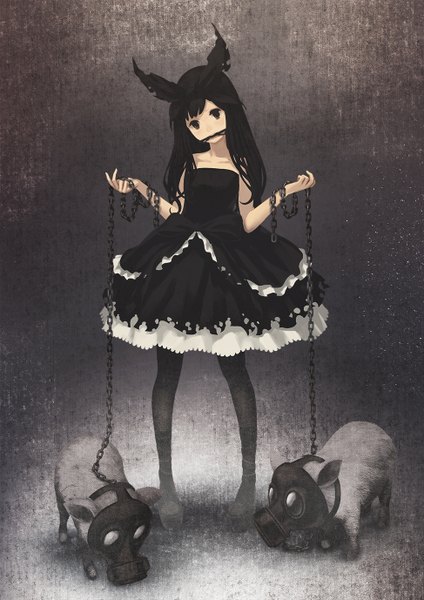 Anime picture 974x1378 with original suehiro (weaver) single tall image looking at viewer short hair black hair standing bare shoulders holding animal ears blunt bangs black eyes mouth hold black background hair in mouth platform heels girl dress ribbon (ribbons)