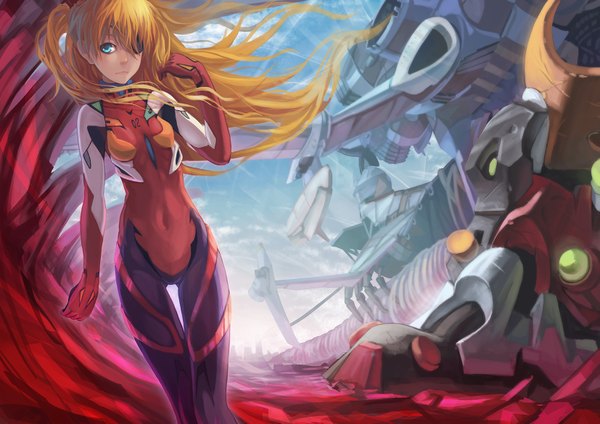 Anime picture 1653x1169 with neon genesis evangelion rebuild of evangelion evangelion: 3.0 you can (not) redo gainax soryu asuka langley madyy single long hair looking at viewer blue eyes sky wind orange hair girl eyepatch pilot suit