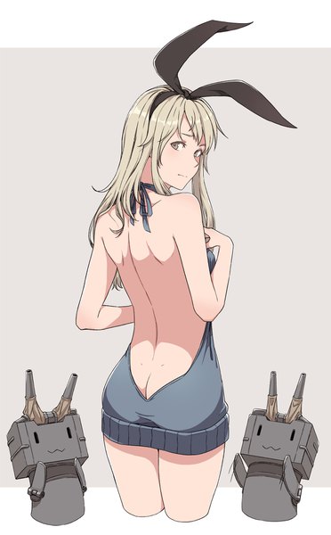 Anime picture 1200x1933 with kantai collection shimakaze destroyer rensouhou-chan cheshirrr single long hair tall image looking at viewer fringe light erotic simple background blonde hair standing bare shoulders head tilt looking back from behind grey background grey eyes back