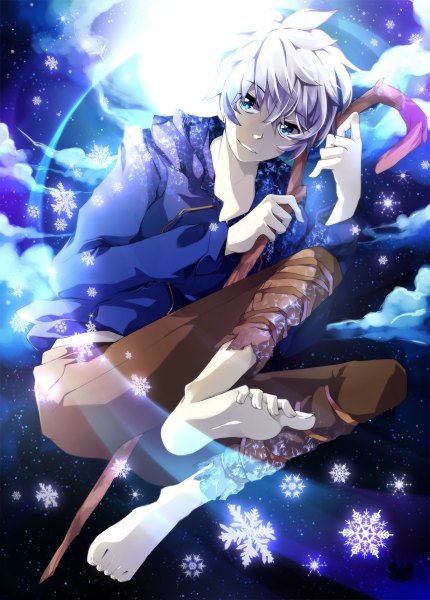 Anime picture 860x1200 with rise of the guardians dreamworks jack frost (rise of the guardians) squchan tall image smile holding looking away cloud (clouds) barefoot aqua eyes night weightlessness boy pants toes staff snowflake (snowflakes)