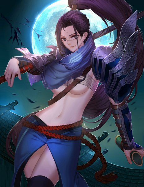 Anime picture 1331x1721 with league of legends yasuo (league of legends) gu-ko citemer single long hair tall image looking at viewer breasts light erotic smile purple hair black eyes midriff scar genderswap girl thighhighs navel weapon black thighhighs