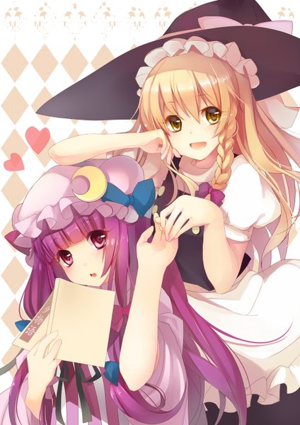 Anime picture 1000x1414 with touhou kirisame marisa patchouli knowledge yukizakura (neon-neon) long hair tall image looking at viewer blonde hair red eyes multiple girls yellow eyes purple hair girl dress 2 girls witch hat bonnet