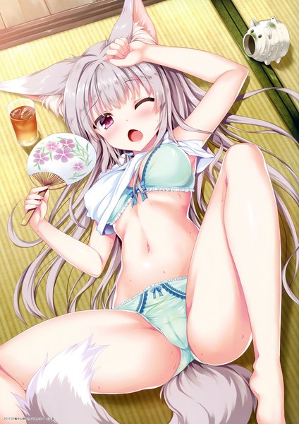 Anime picture 3036x4300 with original tateha (marvelous grace) single long hair tall image looking at viewer blush fringe highres breasts open mouth light erotic purple eyes holding animal ears absurdres silver hair tail nail polish animal tail