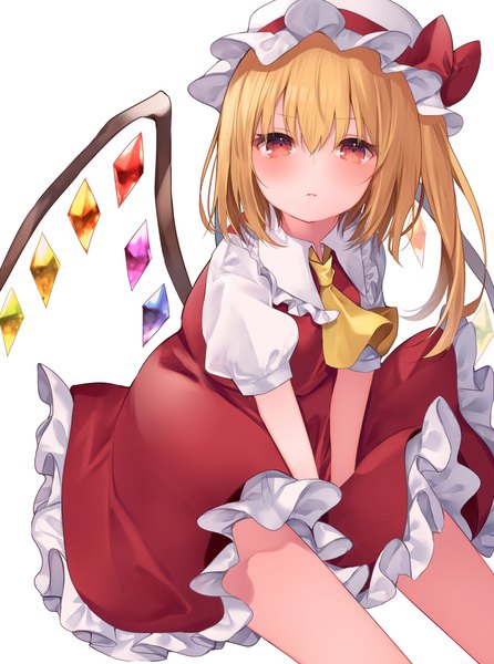 Anime picture 1503x2020 with touhou flandre scarlet komomo (ptkrx) single tall image looking at viewer blush fringe short hair simple background blonde hair hair between eyes red eyes white background sitting puffy sleeves one side up girl hat wings