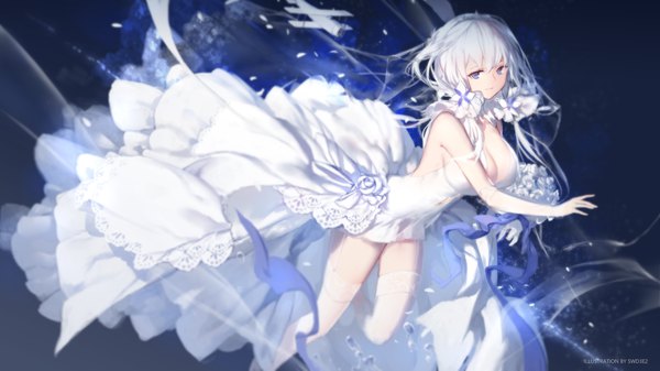 Anime-Bild 3500x1969 mit azur lane illustrious (azur lane) illustrious (morning star of love and hope) (azur lane) swd3e2 single long hair looking at viewer fringe highres breasts blue eyes light erotic hair between eyes wide image large breasts twintails cleavage white hair light smile official art