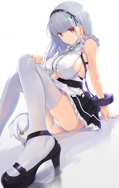 Anime picture 952x1500 with azur lane dido (azur lane) nanam (nanam sk) single long hair tall image looking at viewer fringe breasts light erotic simple background large breasts white background sitting purple eyes bare shoulders payot silver hair bent knee (knees) ass