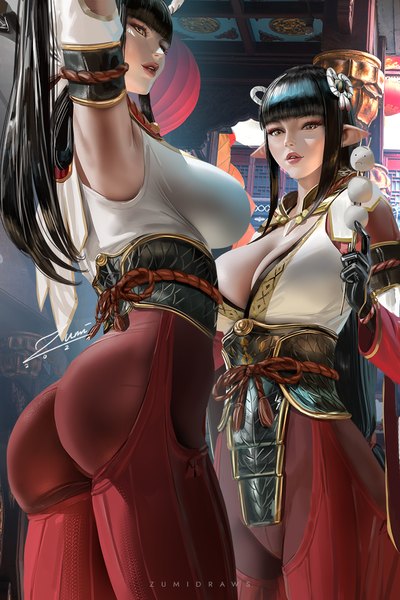 Anime picture 720x1080 with monster hunter monster hunter rise hinoa minoto zumi (zumidraws) long hair tall image looking at viewer blush fringe breasts open mouth light erotic black hair large breasts standing multiple girls holding brown eyes signed